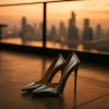 Ασημί λαμπερές γόβες σε ρομαντικό rooftop με θέα την πόλη.